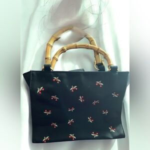 Cherry Purse Bamboo Handles Black Small Approx 8"×9 1/2"×4 1/2"in Pre loved EUC
